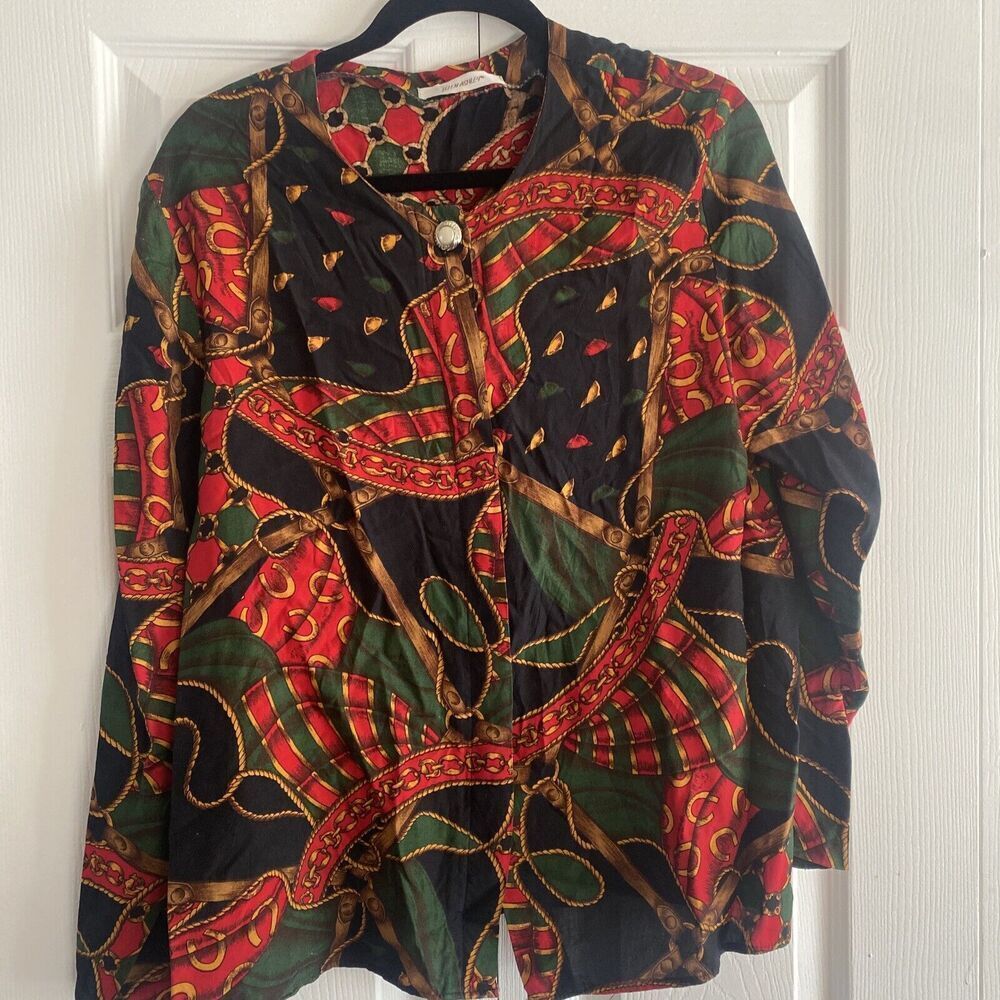 Ellen Ashley Equestrian Scarf Print Blouse Womens XL Multi Rayon Vintage 90s XL